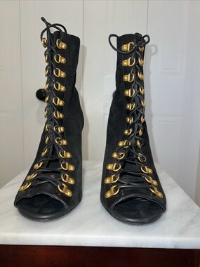 Balmain Black Suede Lace-Up Peep-Toe Heeled Booties with Gold Hardware